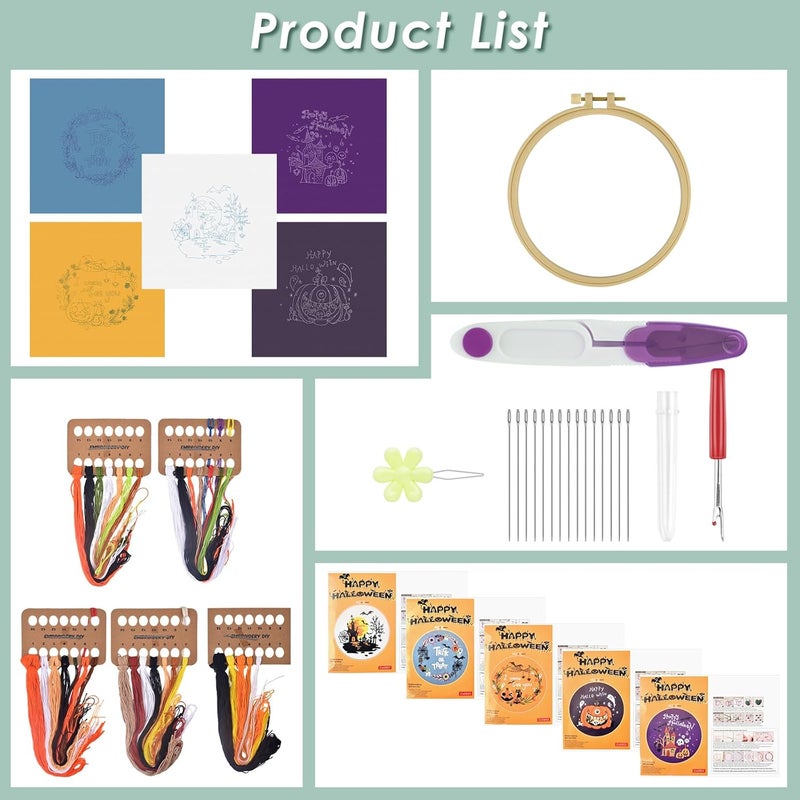 ERKOON 5 Sets Embroidery Kit for Beginners, Halloween Cross Stitch Set DIY Starters Needlepoint with Easy Pattern Embroidery Cloth Hoops Threads for Craft Lover Hand Stitch - Image 2
